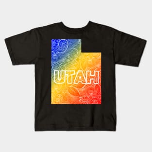 Colorful mandala art map of Utah with text in blue, yellow, and red Kids T-Shirt